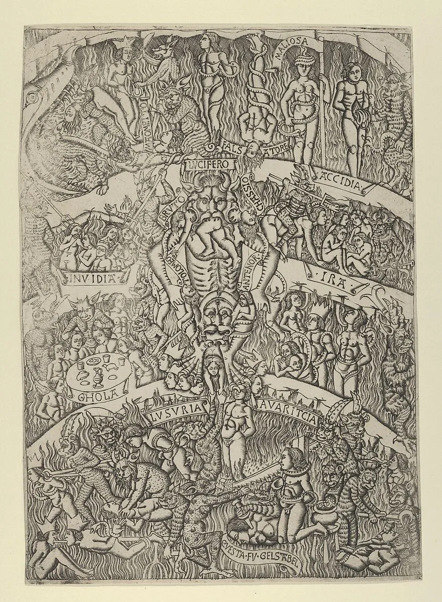 The Inferno according to Dante, after the Last Judgment fresco in the Campo Santo, Pisa — Andrea di Cione (Orcagna)|Baccio Baldini|Francesco Traini|Anonymous, Italian, Florentine, 15th century