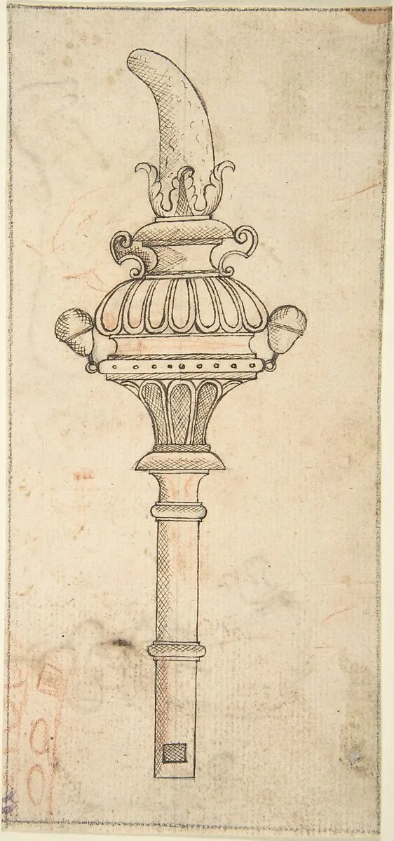 Design for a Rattle and Whistle (recto); Crude Sketches of an Equine Animal and a Figure in Exotic Costume (verso) — Anonymous, Italian, 16th century