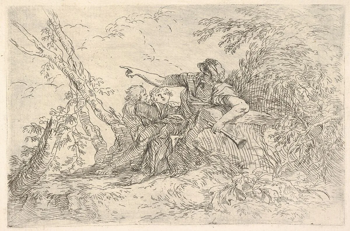 Male figure holding a flute reclining on a rock and pointing over the heads of two children, from "The Triton Group" — Salvator Rosa