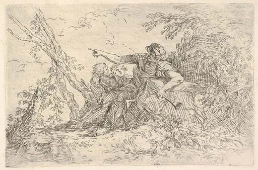 Male figure holding a flute reclining on a rock and pointing over the heads of two children, from "The Triton Group"