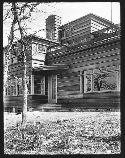 [Side View of Modernist House with Brick Patio, Residence of Lyman Paine and Ruth Forbes, Naushon Island, Massachusetts]