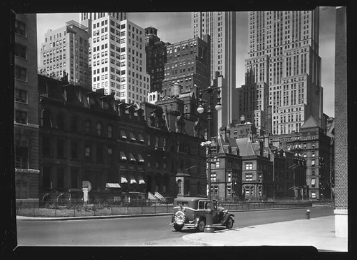 [Second Empire Town Houses and Skyscrapers with Parked Car in Foreground, New York City]