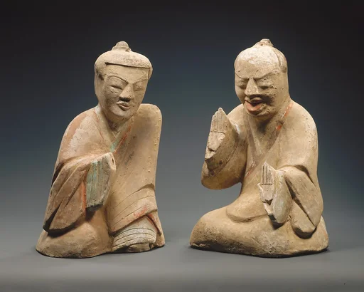 漢 彩繪陶六博俑|Pair of Seated Figures Playing Liubo