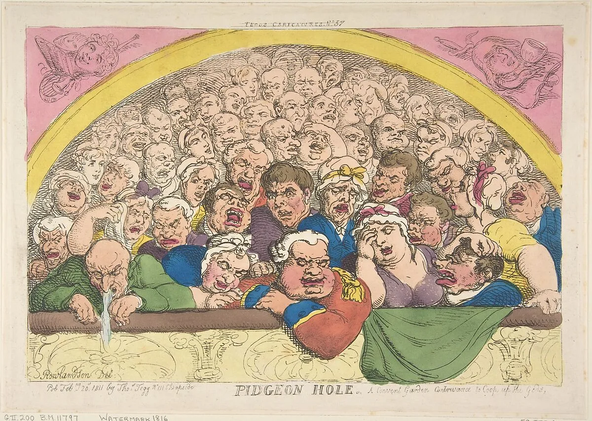 Pidgeon Hole. A Convent Garden Contrivance to Coop up the Gods — Thomas Rowlandson|Thomas Tegg