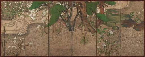 渓流春秋草木図屏風|Spring Trees and Grasses by a Stream