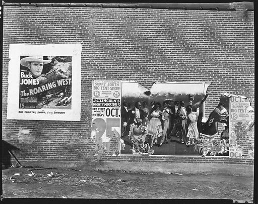 [Movie and Minstrel Show Posters on Brick Wall, Demopolis, Alabama]