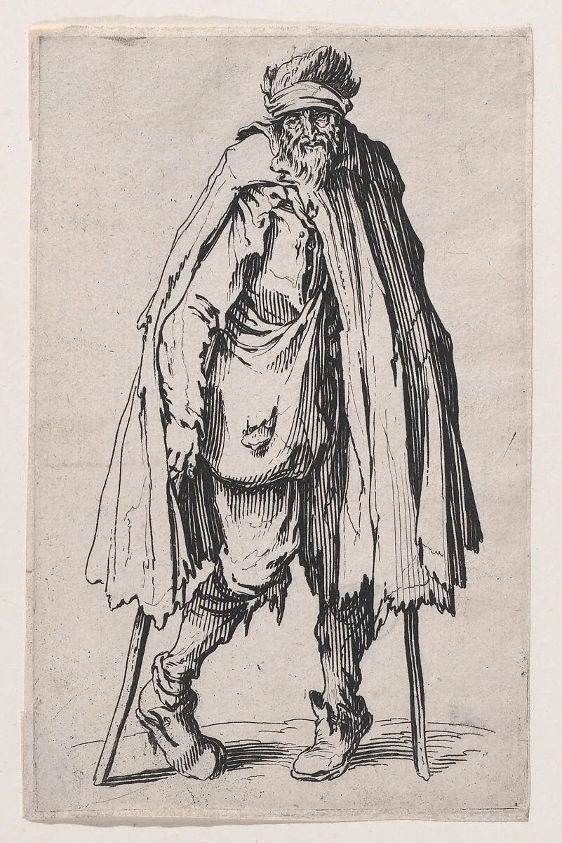 Le Mendiant aux Béquilles et a la Besace (The Beggar with the Crutches and the Pouch), from Les Gueux suite appelée aussi Les Mendiants, Les Baroni, ou Les Barons (The Beggars, also called the Barons) — Jacques Callot