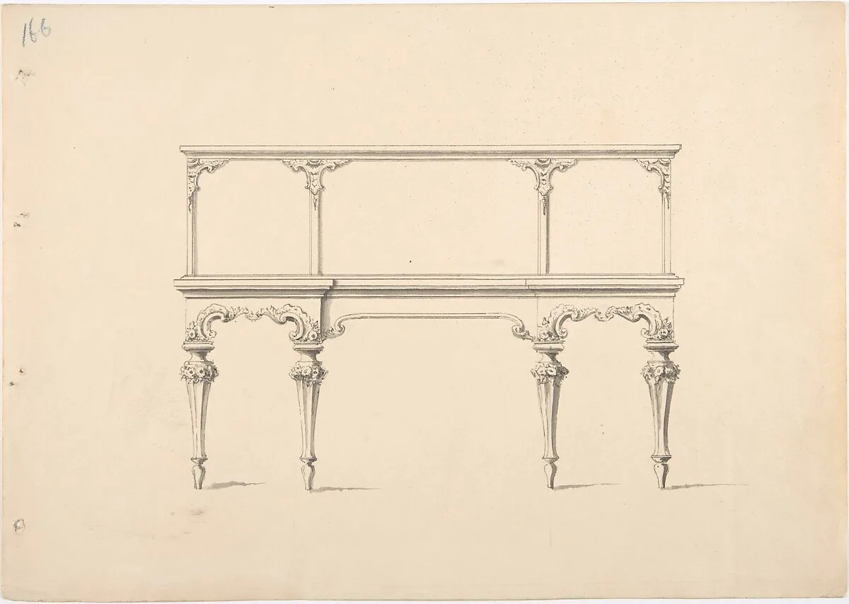 Design for a Mirrored Sideboard with Diminishing Legs, Floral and Rocaille Ornament — Anonymous, British, 19th century