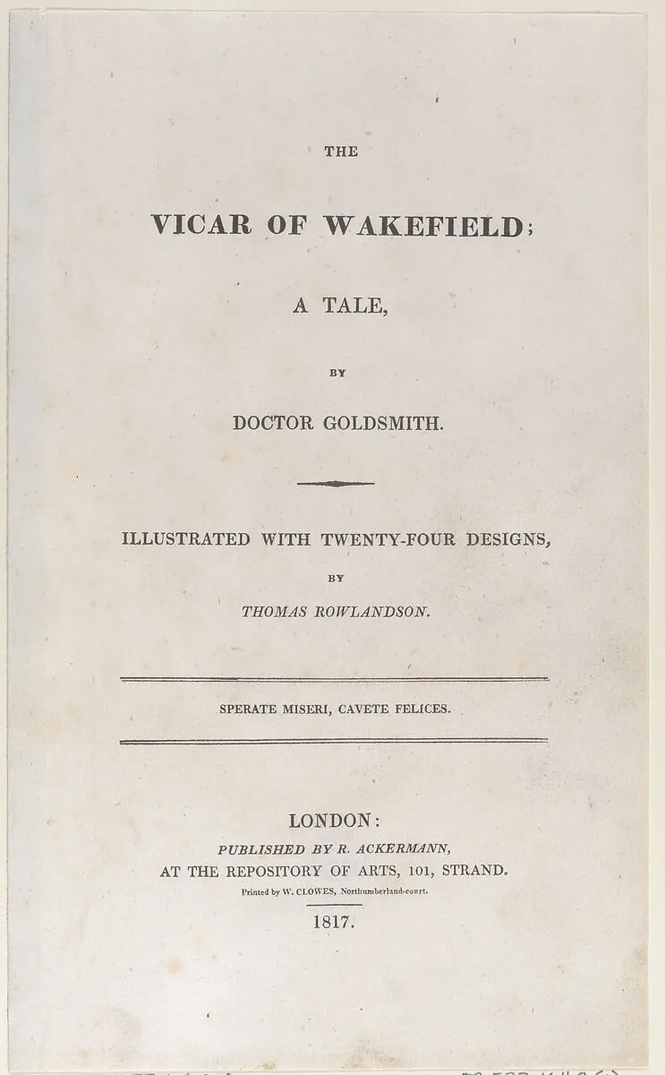 Title page, from "The Vicar of Wakefield" — Oliver Goldsmith|Rudolph Ackermann, London|William Clowes|Thomas Rowlandson