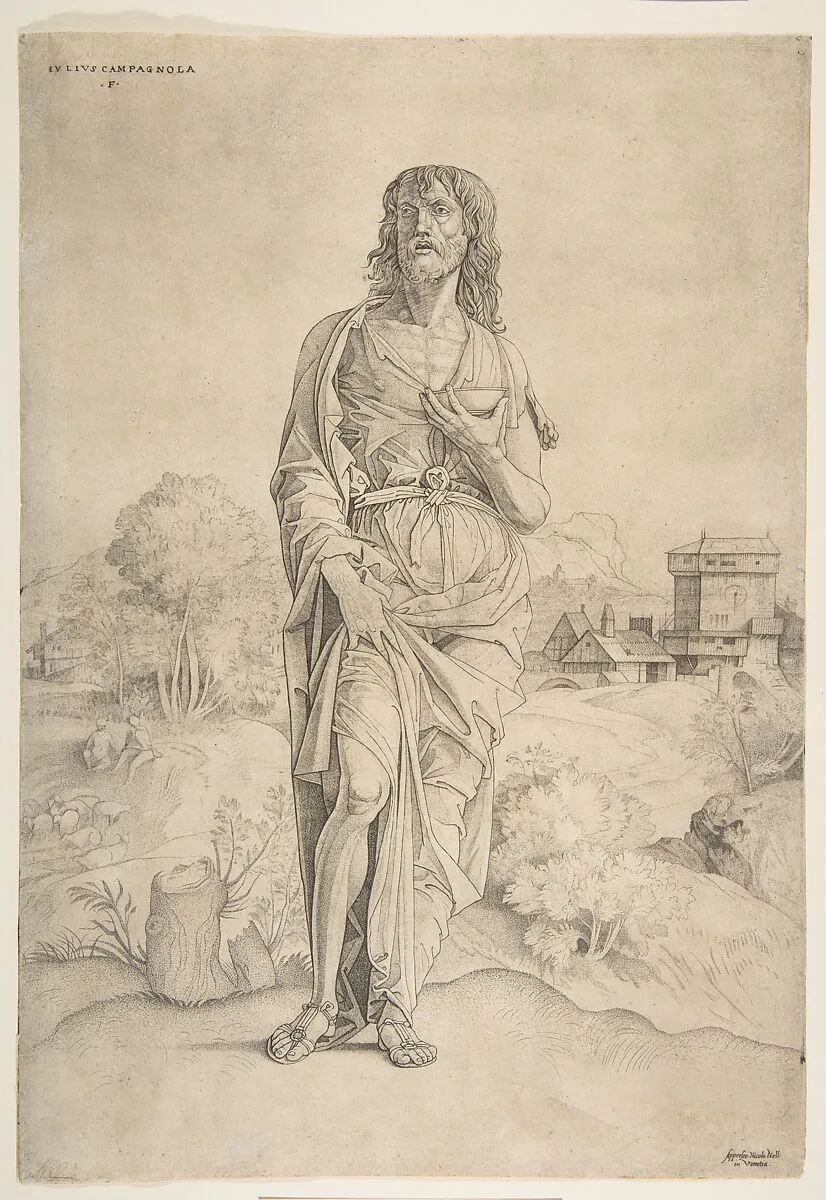 Saint John the Baptist standing in landscape, figures and buildings in the background — Giulio Campagnola|Nicolò Nelli|Giorgione|Andrea Mantegna