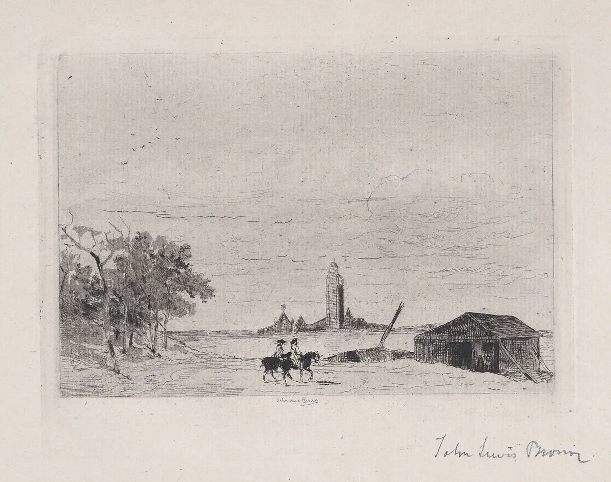 Two horsemen, with belfry in background and barn at right — John-Lewis Brown
