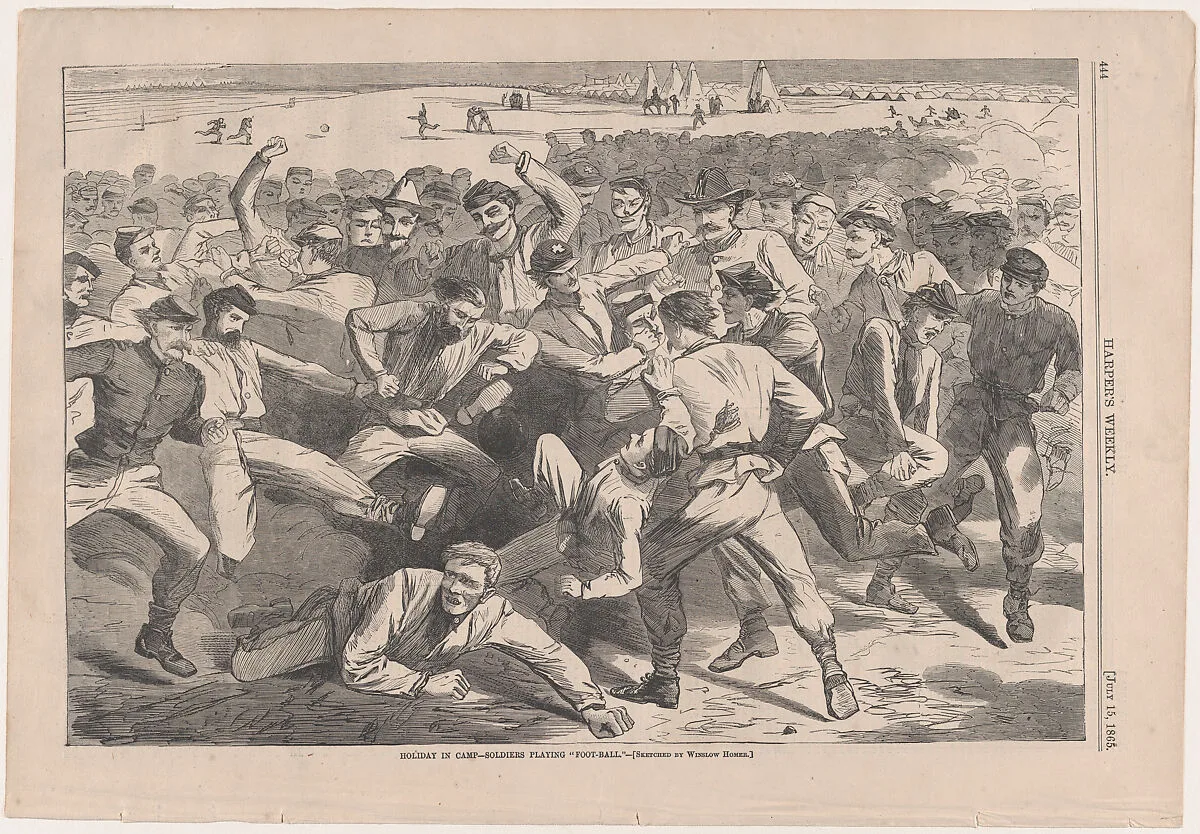 Holiday in Camp – Soldiers Playing "Foot-Ball" – Sketched by Winslow Homer (from "Harper's Weekly," Vol. IX) — Winslow Homer|Harper & Brothers|Harper's Weekly