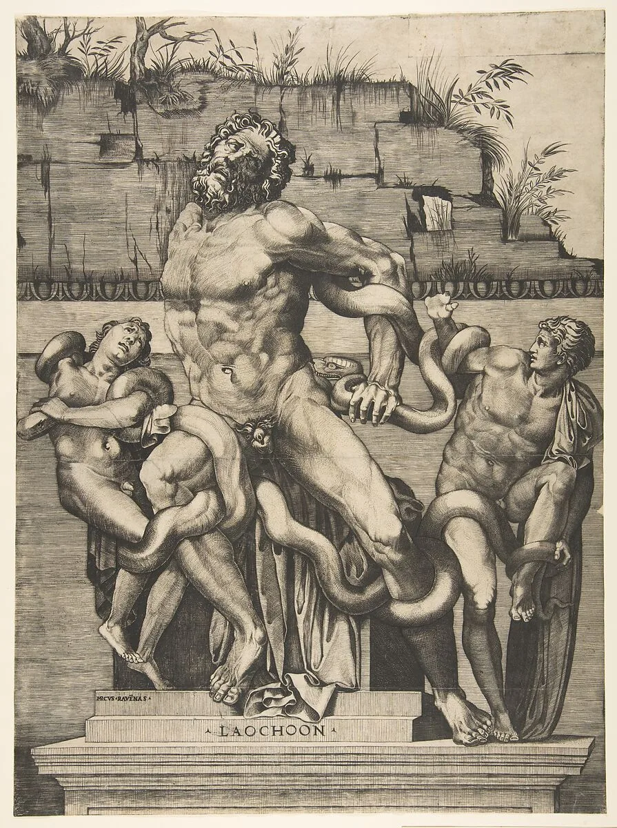 Laocoön and his sons being attacked by serpents — Marco Dente|Marcantonio Raimondi