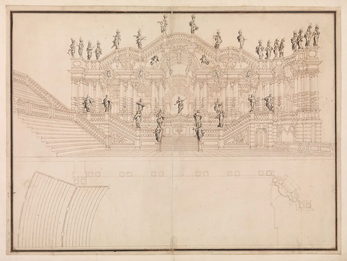 Design for a Stage Set: Longitudinal Section and Plan of amphitheater and Stage — Giuseppe Galli Bibiena