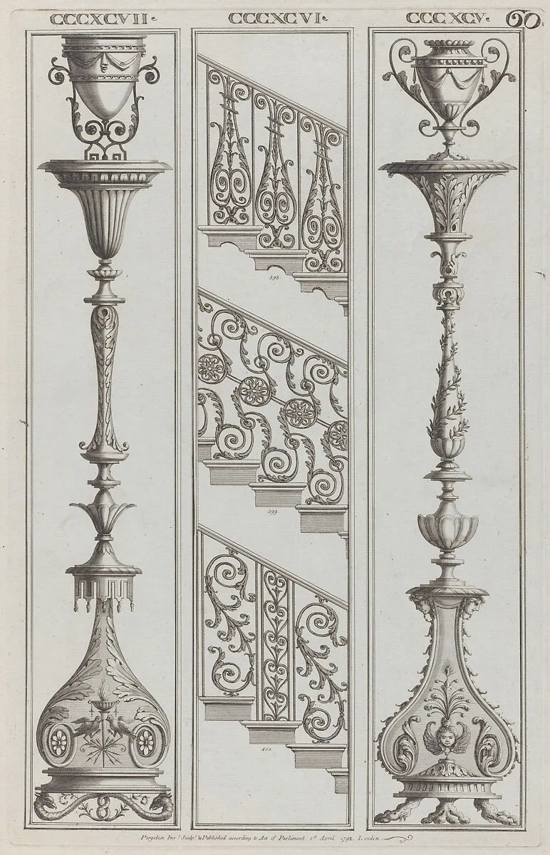 Candelabra Designs and Stair Railing Designs, nos. CCCXCV–CCCXCVII and 398–400, plate 60 from "Designs for Various Ornaments" — Michelangelo Pergolesi