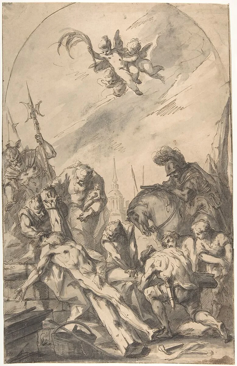 The Martyrdom of Saint Andrew (recto); Back of a Woman Wearing a Long Dress with a Ruff (verso) — Gaspare Diziani