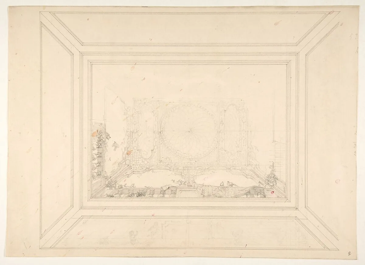 Design for a ceiling decorated with trellis work and a trompe l'oeil balustrade — Jules-Edmond-Charles Lachaise|Eugène-Pierre Gourdet