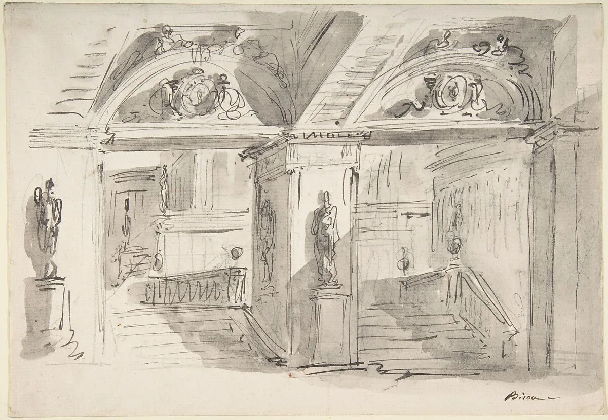 Sketch of a Palace's Interior's Foreshortening with Stairs, Statues and Ornaments — Giuseppe Bernardino Bison