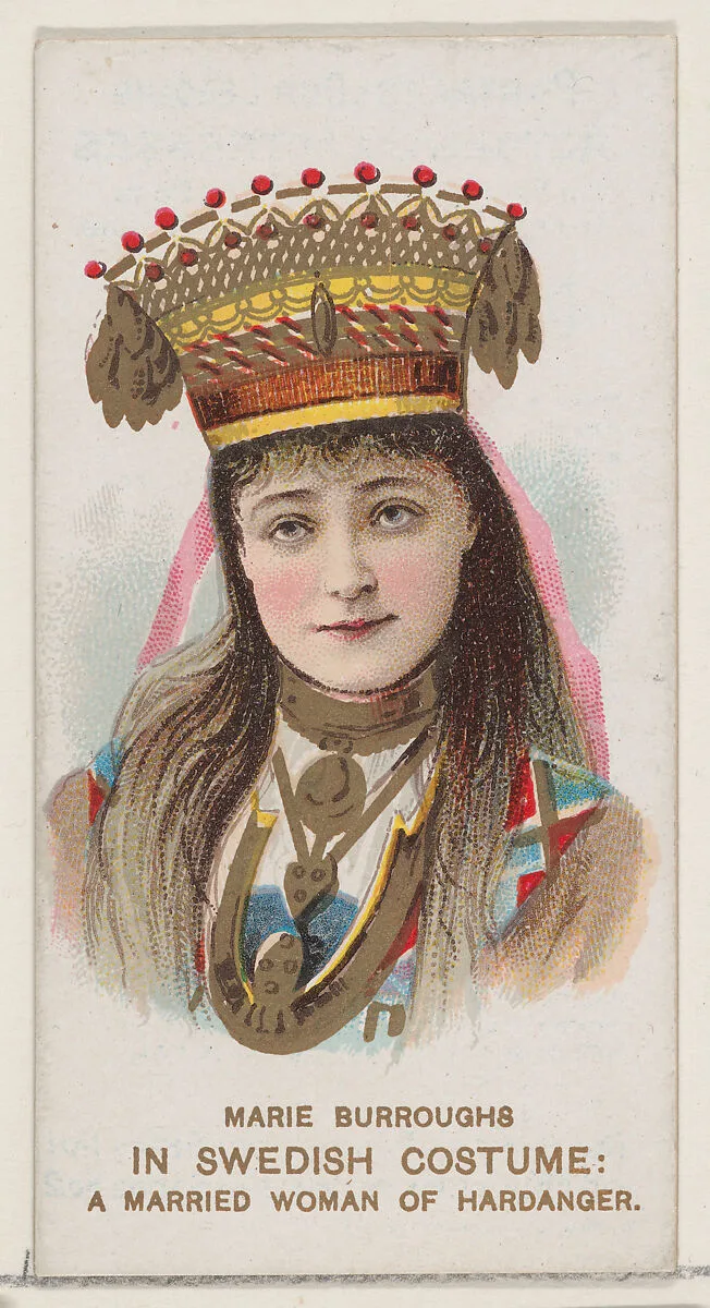 Marie Burroughs in Swedish Costume as a Married Woman of Hardanger, from the set Actors and Actresses, First Series (N70) for Duke brand cigarettes — W. Duke, Sons & Co.|Knapp & Company