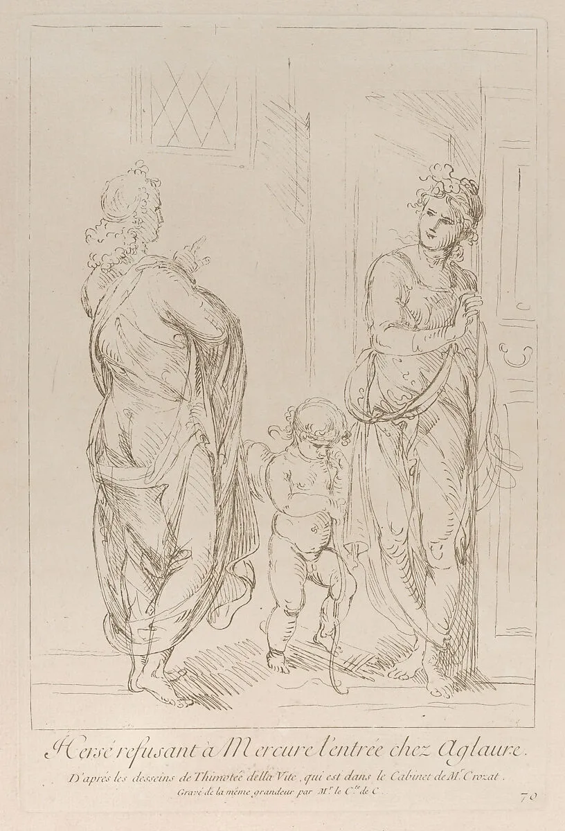 Aglauros preventing Mercury to enter Herse's room, with Cupid at center — Timoteo Viti|Anne Claude Philippe de Tubières, comte de Caylus