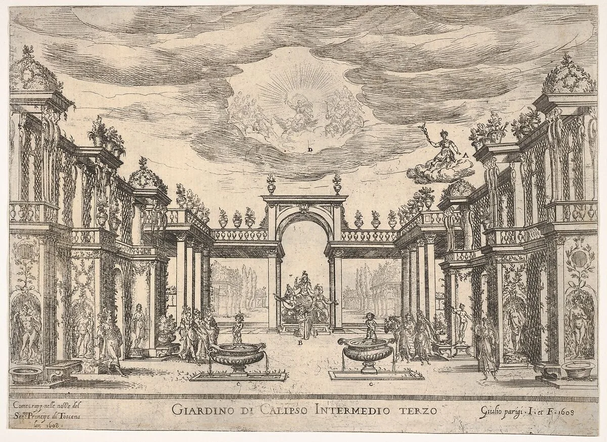 Sixth interlude: garden of Calypso (Intermedio sesto: giardino di Calipso), from the series 'Seven Interludes' for the wedding celebration of Cosimo de' Medici in Florence, 1608 — Remigio Cantagallina|Giulio Parigi