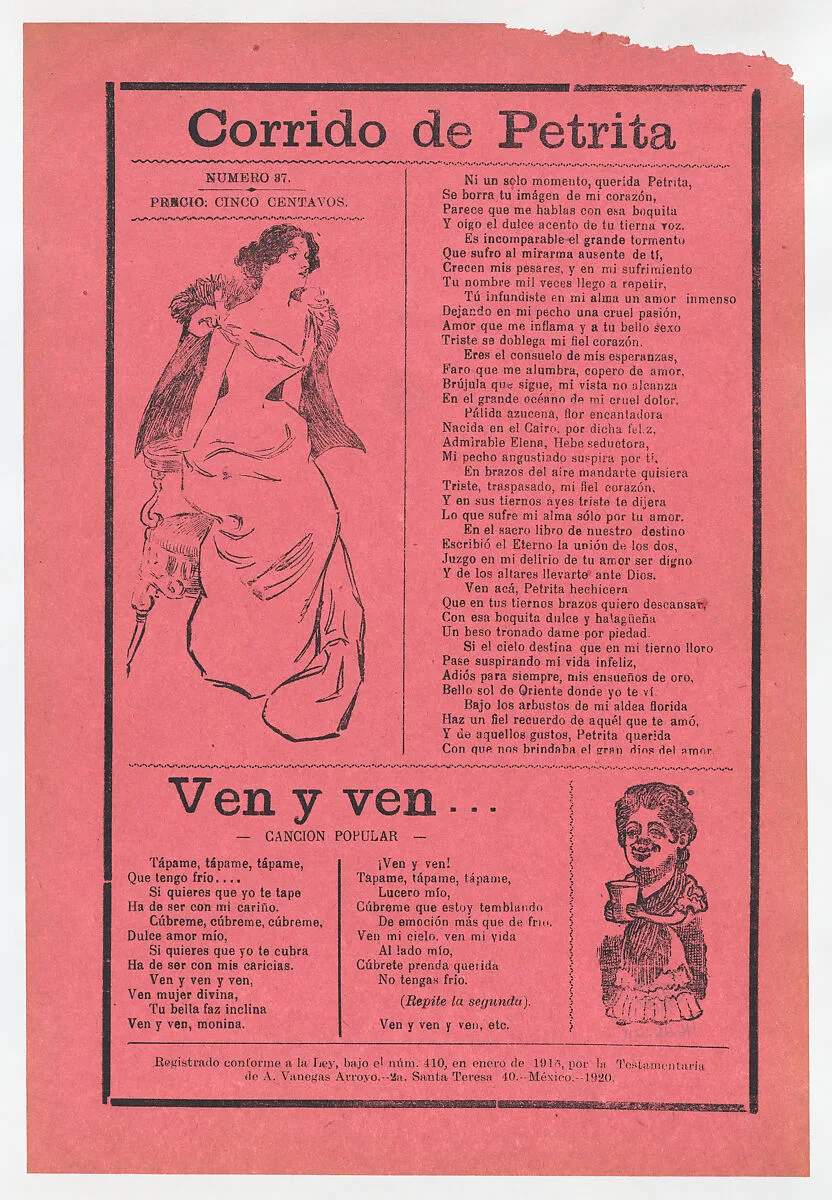 Broadsheet with two different love songs, woman wearing an evening gown sitting on the edge of her seat and another woman holding a cup — José Guadalupe Posada|Antonio Vanegas Arroyo
