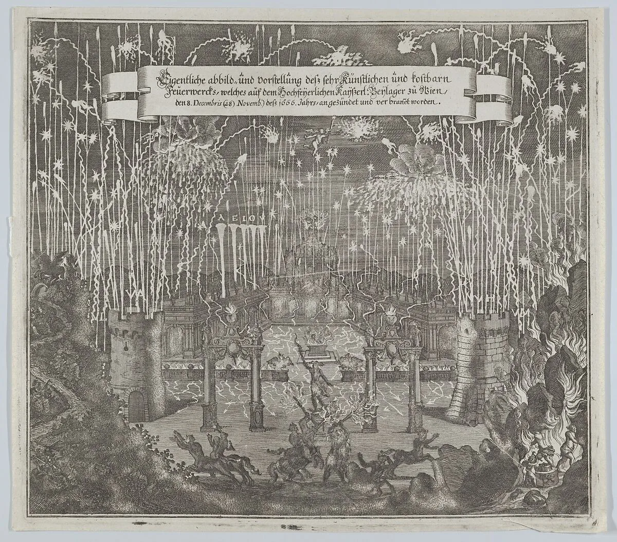 Fireworks celebrating the marriage of Emperor Leopold I and Margarita, Vienna 1666 — Melchior Küsel
