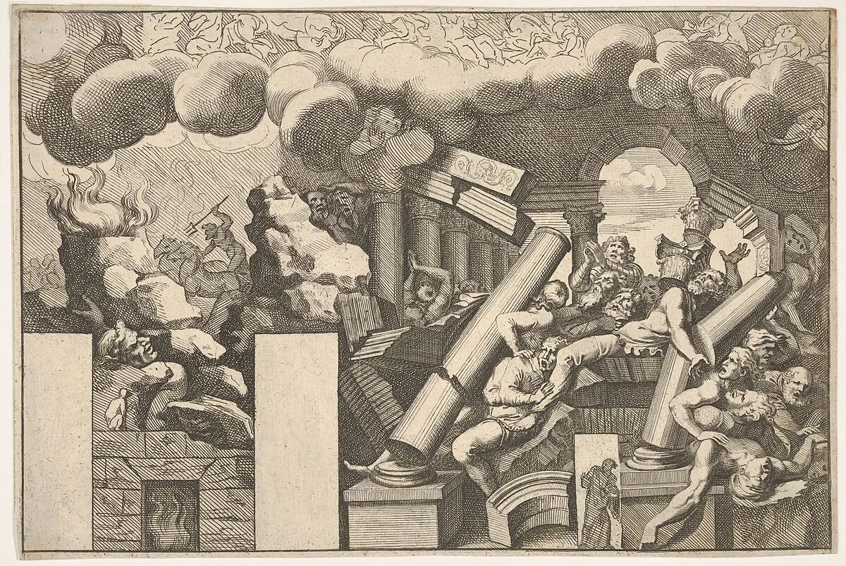 Giants crushed by rocks and the falling columns of the temple, clouds of smoke above, Poseidon in his chariot to left in the background, two spaces at left for doorways, from 'Giove che fulmina li giganti', after the frescoes on the ceiling of the Sala dei Giganti designed by Giulio Romano for the Palazzo del Te, Mantua — Pietro Santi Bartoli|Giulio Romano