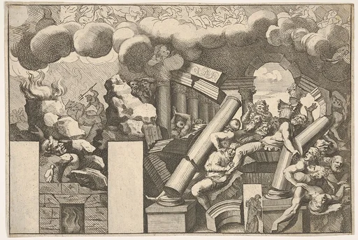 Giants crushed by rocks and the falling columns of the temple, clouds of smoke above, Poseidon in his chariot to left in the background, two spaces at left for doorways, from 'Giove che fulmina li giganti', after the frescoes on the ceiling of the Sala dei Giganti designed by Giulio Romano for the Palazzo del Te, Mantua
