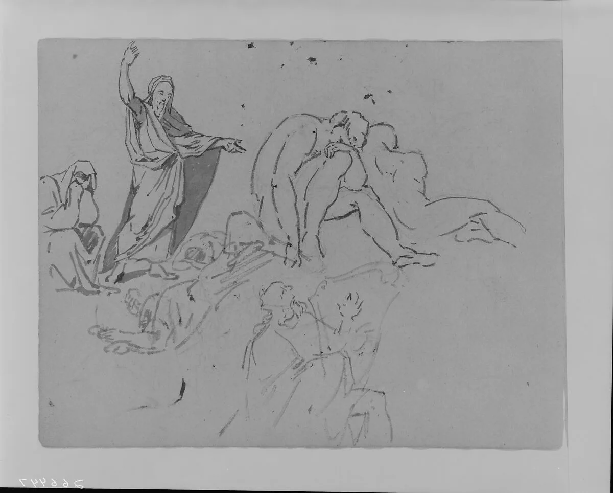 Man Preaching with Upraised Arm, Two Male Nudes, Man Playing Harp (from Sketchbook) — Thomas Sully