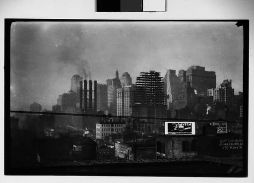 [Manhattan Skyline with Brooklyn Bridge Trussing, New York City]