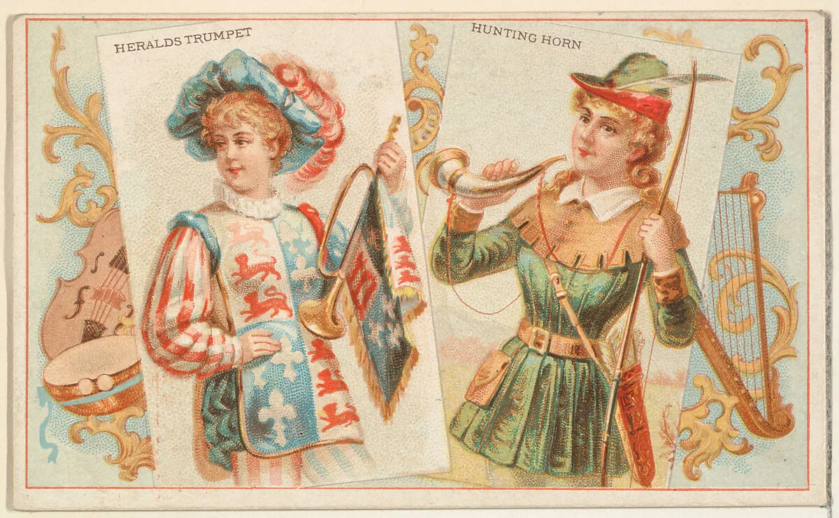 Heralds Trumpet and Hunting Horn, from the Musical Instruments series (N121) issued by Duke Sons & Co. to promote Honest Long Cut Tobacco — W. Duke, Sons & Co.|Schumacher & Ettlinger