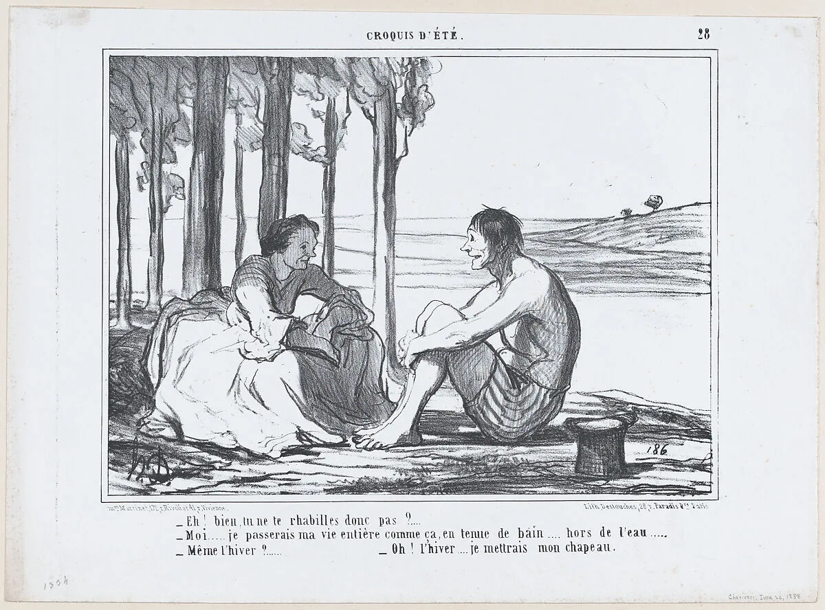 Eh! bien, tu ne te rhabilles donc pas?..., from Croquis d'Été, published in Le Charivari, June 26, 1858 — Aaron Martinet|Honoré Daumier|Destouches