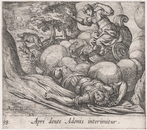 Plate 98: The Metamorphosis of Adonis (Apri dente Adonis interimitur), from Ovid's 'Metamorphoses'