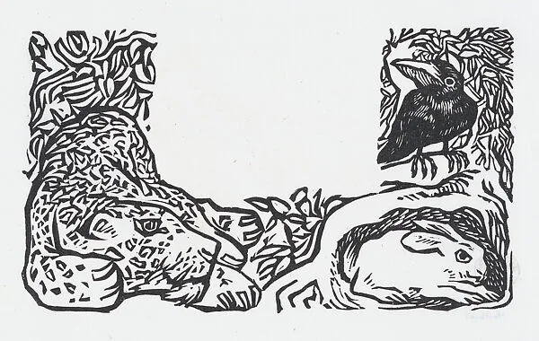 A leopard, rabbit, and a crow, illustration for 'El Sombreron' — Alfredo Zalce