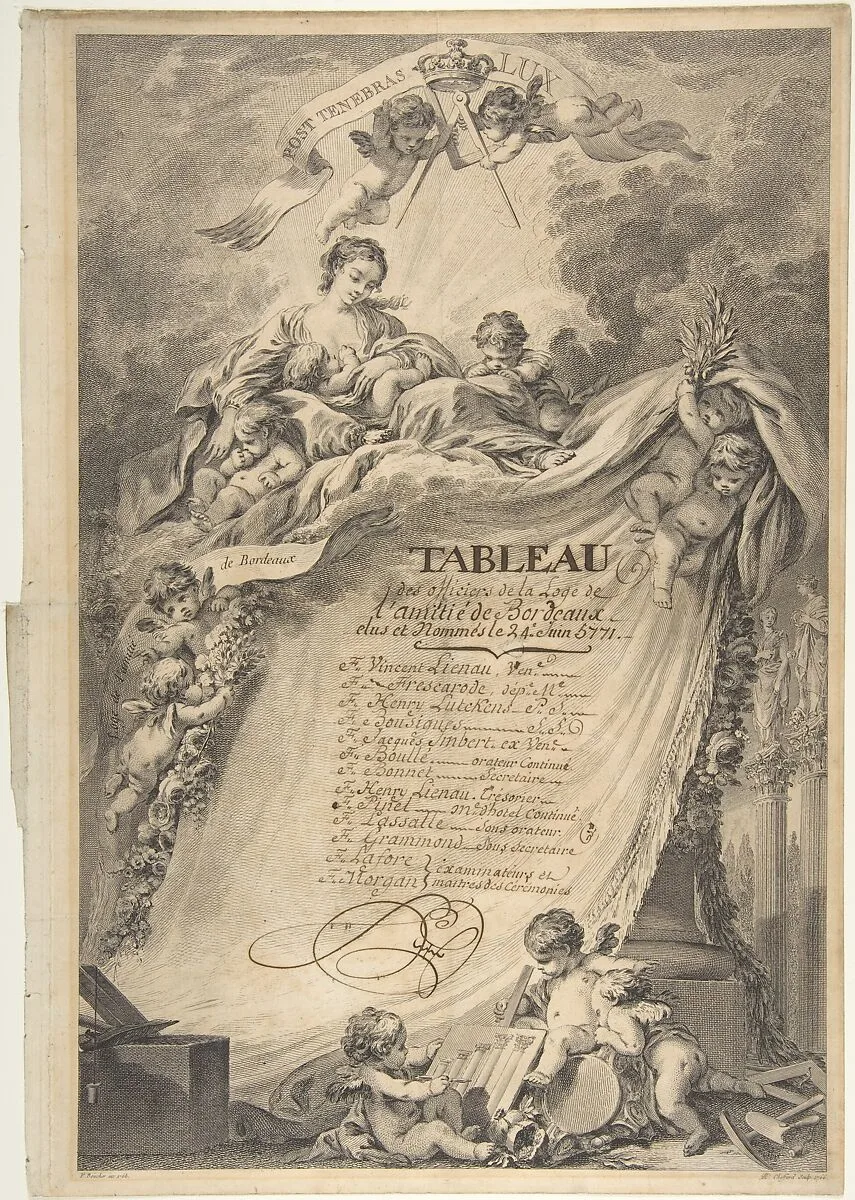 Diploma for the Freemasons of Bordeaux, after François Boucher — Pierre Philippe Choffard