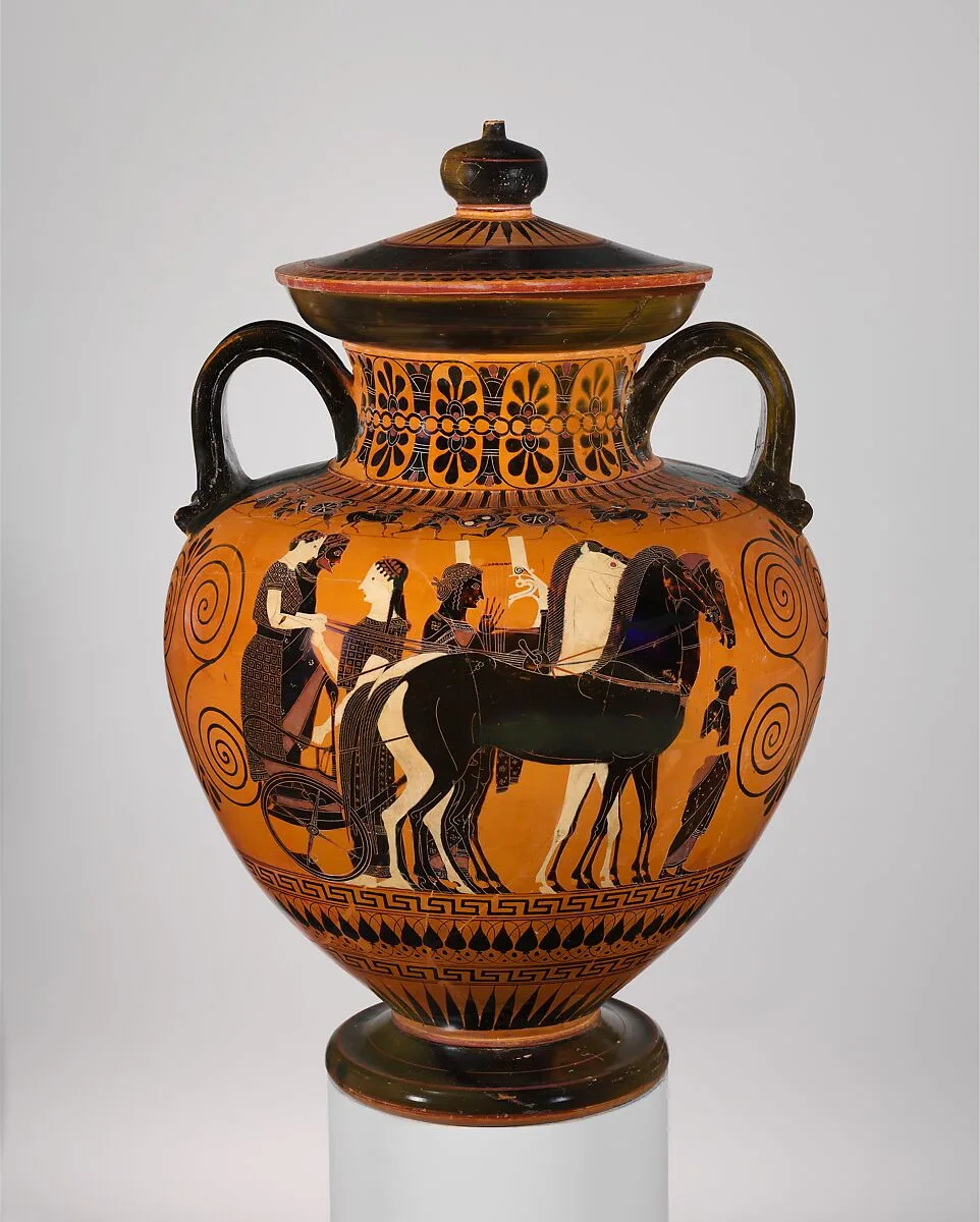 Terracotta neck-amphora (jar) with lid and knob (27.16) — Exekias