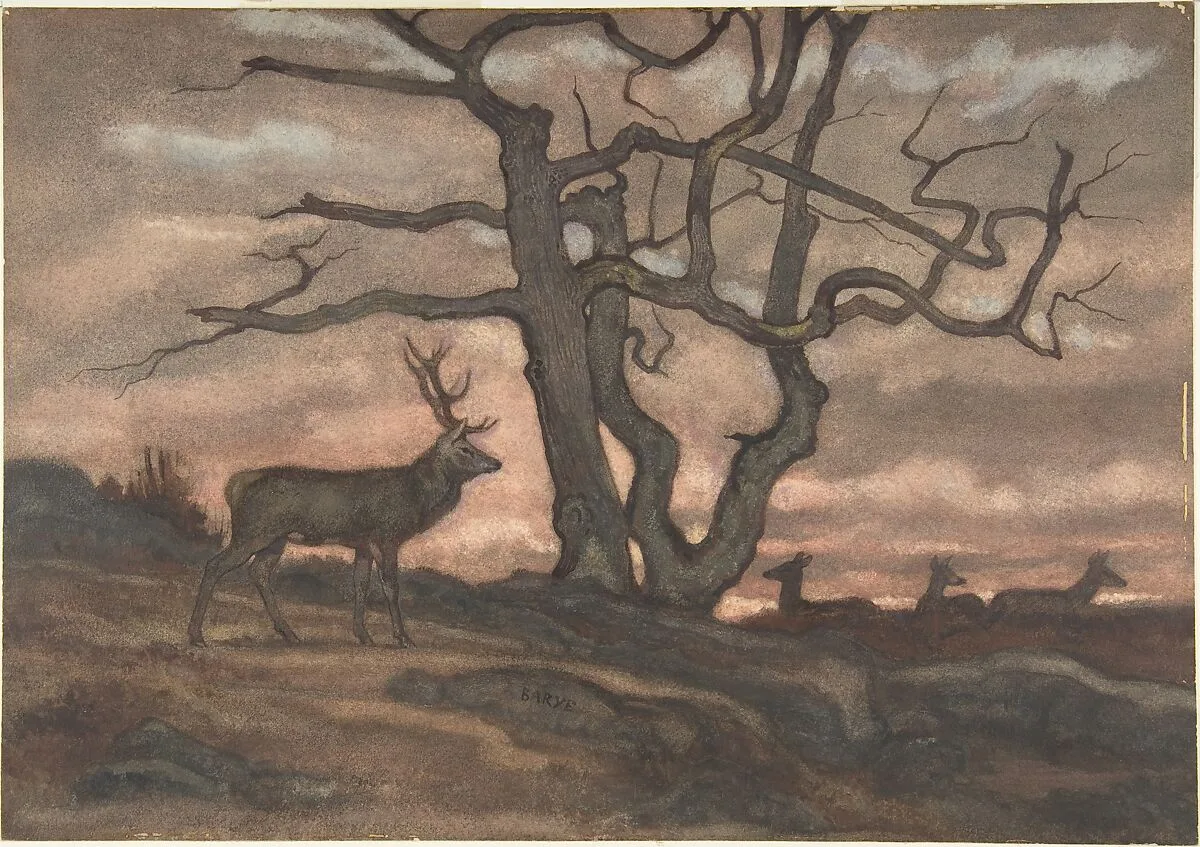 Deer and Tree Against Sunset — Antoine-Louis Barye