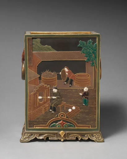 Rectangular vase with porcelain-making scenes ("the oven for burning clay" and "the painting of the wares")