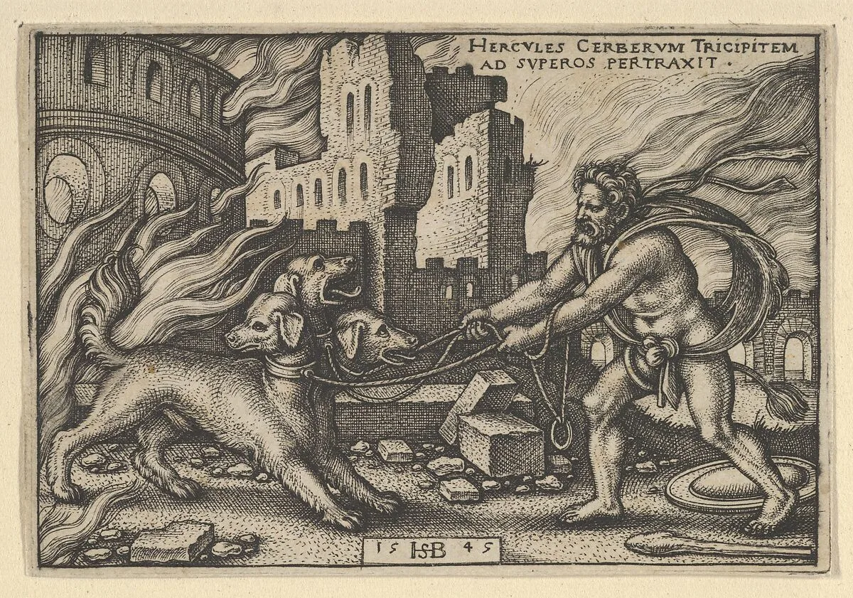 Hercules Capturing Cerberus, from "The Labors of Hercules" — Sebald Beham