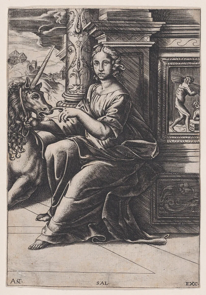 Chastity, a woman seated, a unicorn to her right — Antonio Salamanca|Agostino Veneziano (Agostino dei Musi)|Raphael (Raffaello Sanzio or Santi)