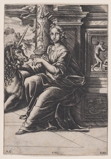 Chastity, a woman seated, a unicorn to her right
