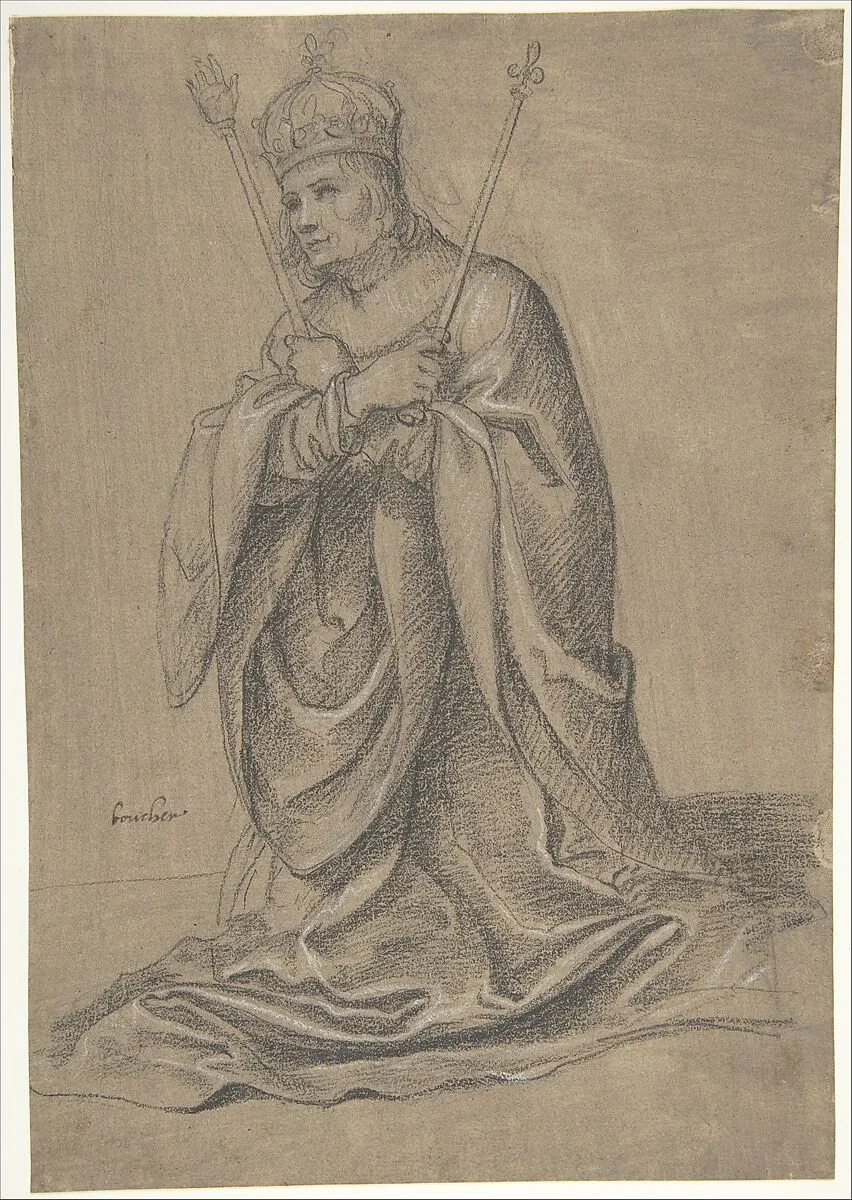 A Kneeling King of France Holding the Scepters of Royal Authority — Jean Boucher