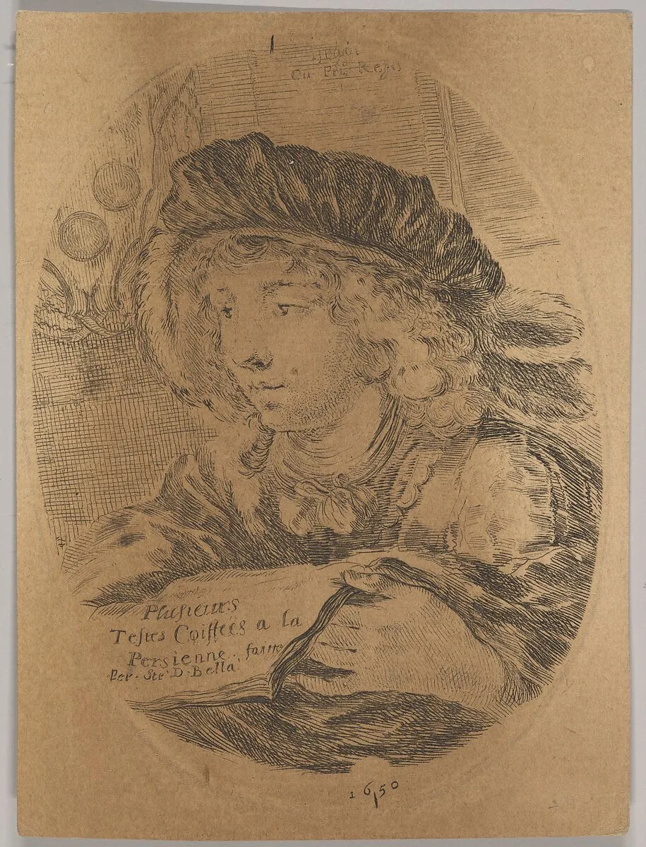 A bust of a young man wearing a cap with feathers, turned three-quarters to the left, the coat of arms of the Grand Duke of Tuscany in top left, title page from 'Several heads in the Persian style' (Plusieurs têtes coiffées à la persienne) — Stefano della Bella|Israël Henriet
