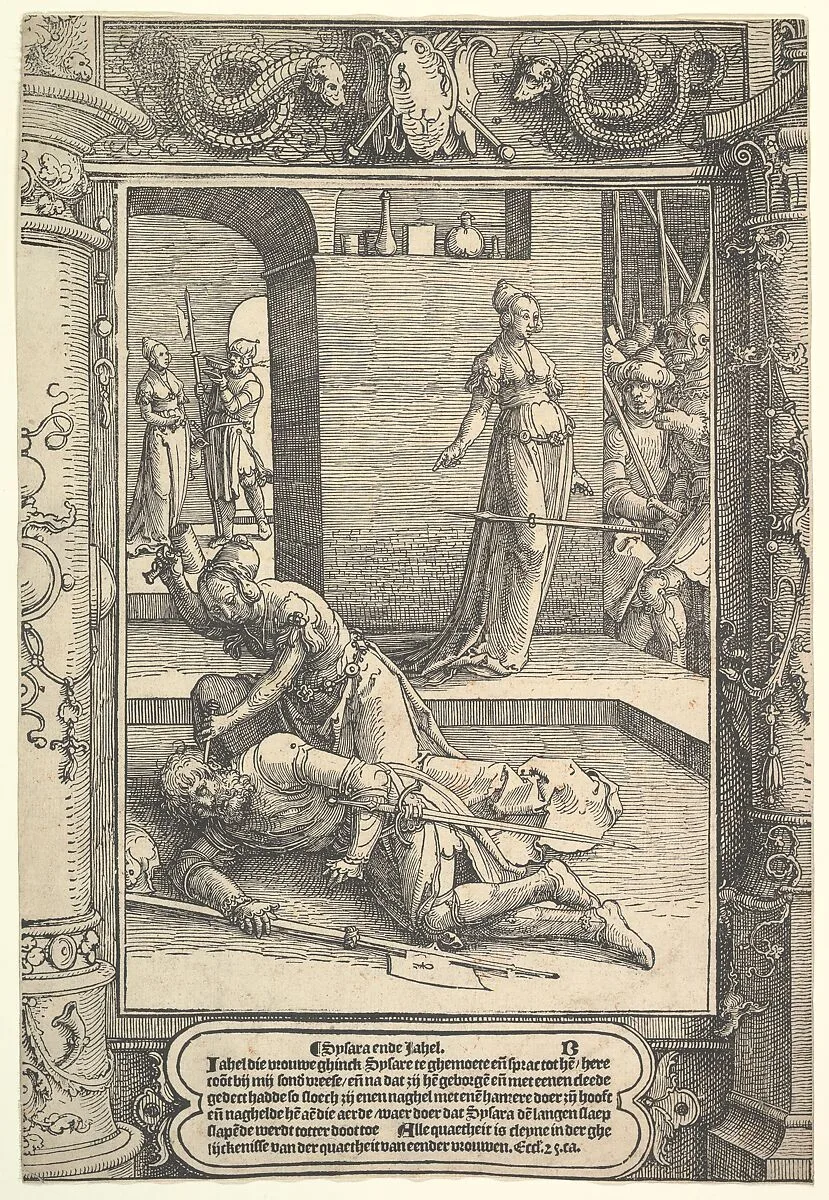 Jael Killing Sisera, ornamental frame — Lucas van Leyden