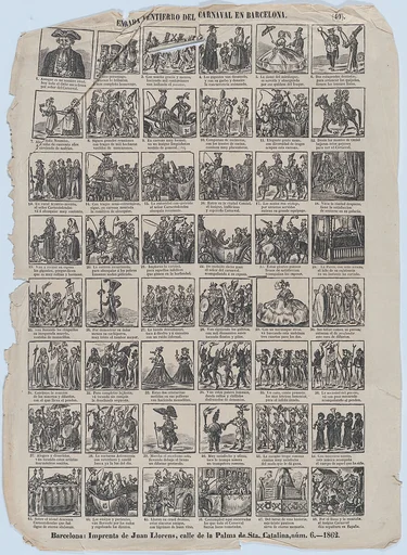 Broadside with 48 scenes relating to the carnival in Barcelona