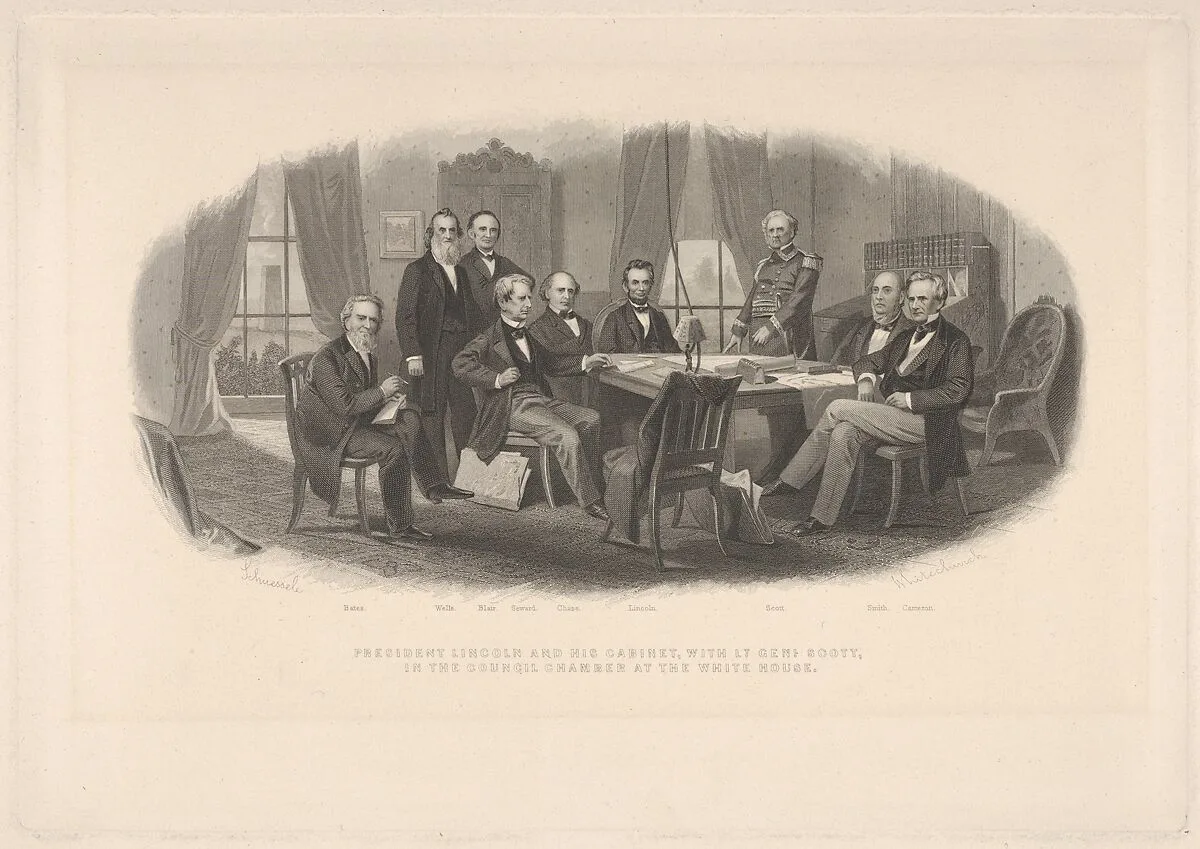 President Lincoln and His Cabinet, with Lt. General Scott, in the Council Chamber at the White House — Robert Whitechurch|Christian Schussele|Simon Cameron|General Winfield Scott|Caleb Blood Smith|Abraham Lincoln|Montgomery Blair|Samuel Portland Chase|Edward Bates|Gideon Welles