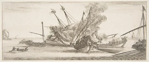 Naval combat, a ship at center, seen from behind, firing at four enemy ships, another ship entering from the right, a rowboat with nine people to left, from "Peace and War" (Divers desseins tant pour la paix que pour la guerre)
