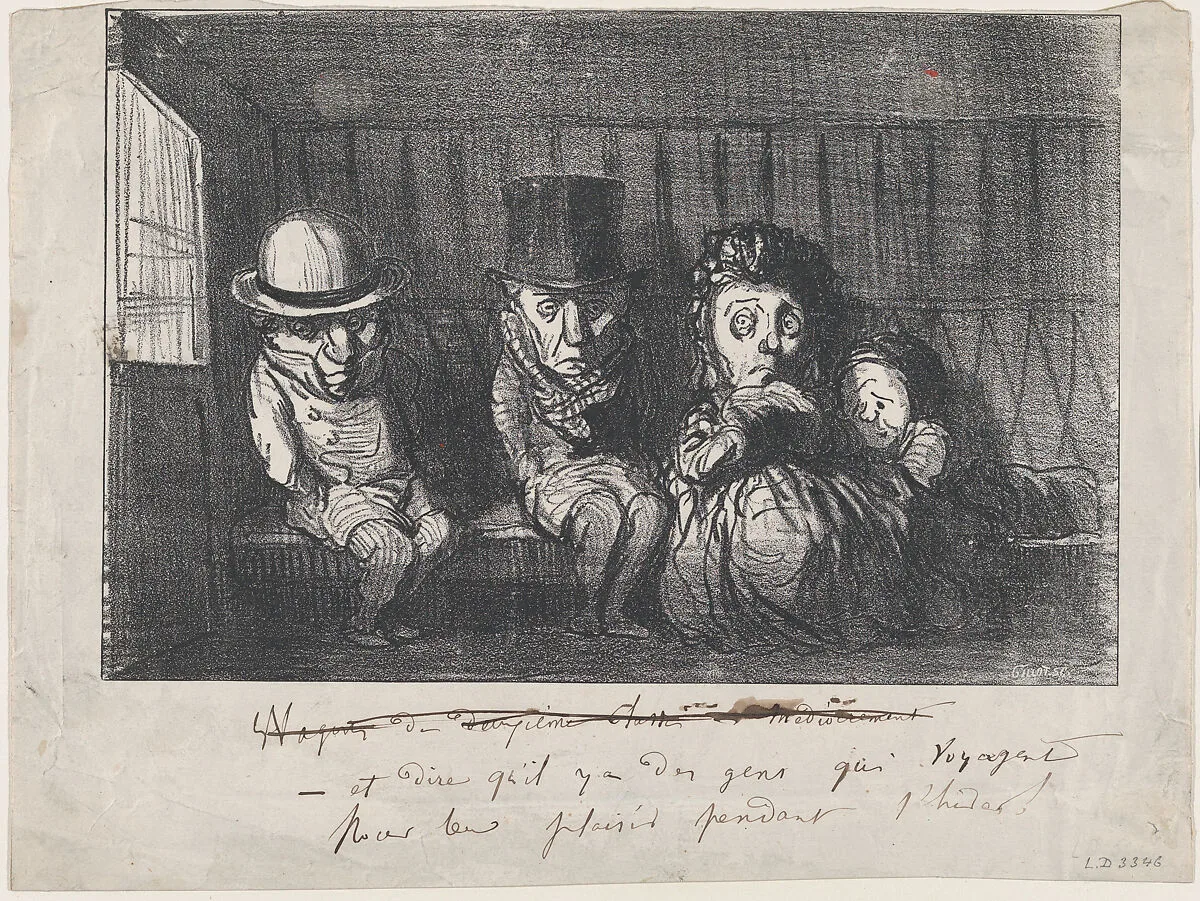 To imagine that there are people who even travel in winter for fun and enjoyment!, from 'Winter sketches,' published in Le Petit Journal pour Rire, December 3, 1864 — Honoré Daumier