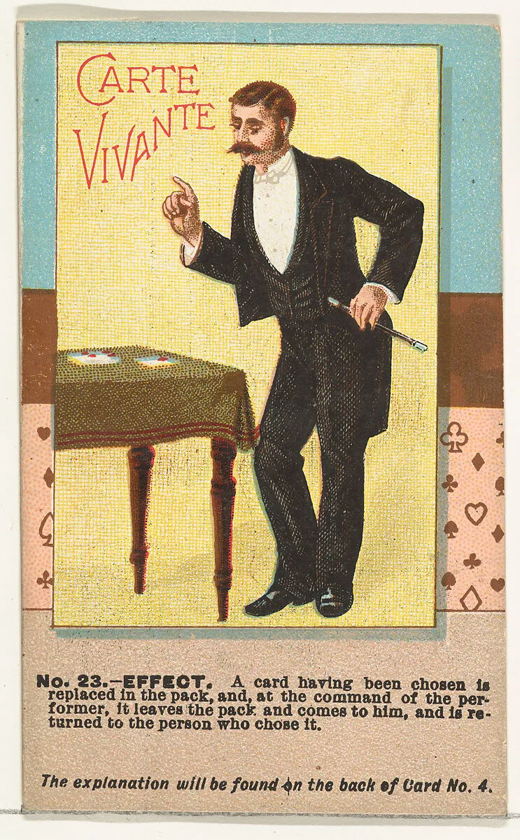 Number 23, Carte Vivante, from the Tricks with Cards series (N138) issued by W. Duke, Sons & Co. to promote Honest Long Cut Tobacco — The Giles Company|W. Duke, Sons & Co.